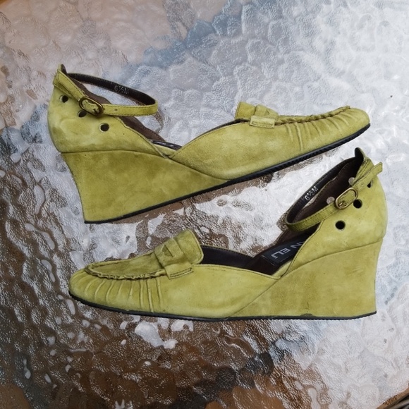 Green Suede Wedge Penny Loafer with Ankle Strap - Picture 5 of 7